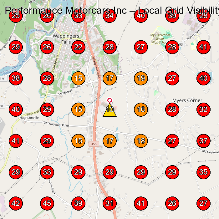 Performance Motorcars Inc GeoGrid visibility map for Used Car Dealer in Newburgh
